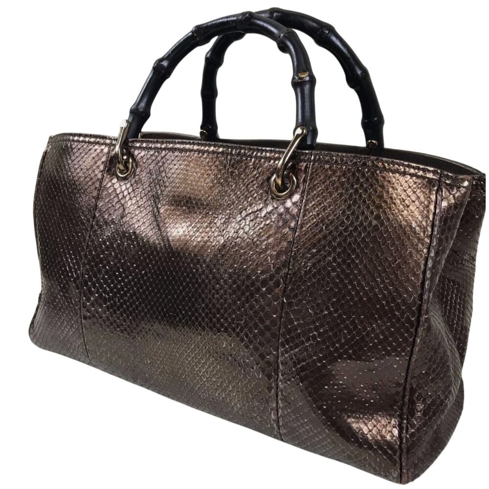 Gucci Metallic Bronze Python-Embossed Tote with Black Bamboo Handles